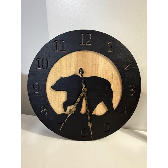 Young's Inc Wood Bear Carved Wall Clock Farmhouse Mountain Lodge 14" - Picture 1 of 4